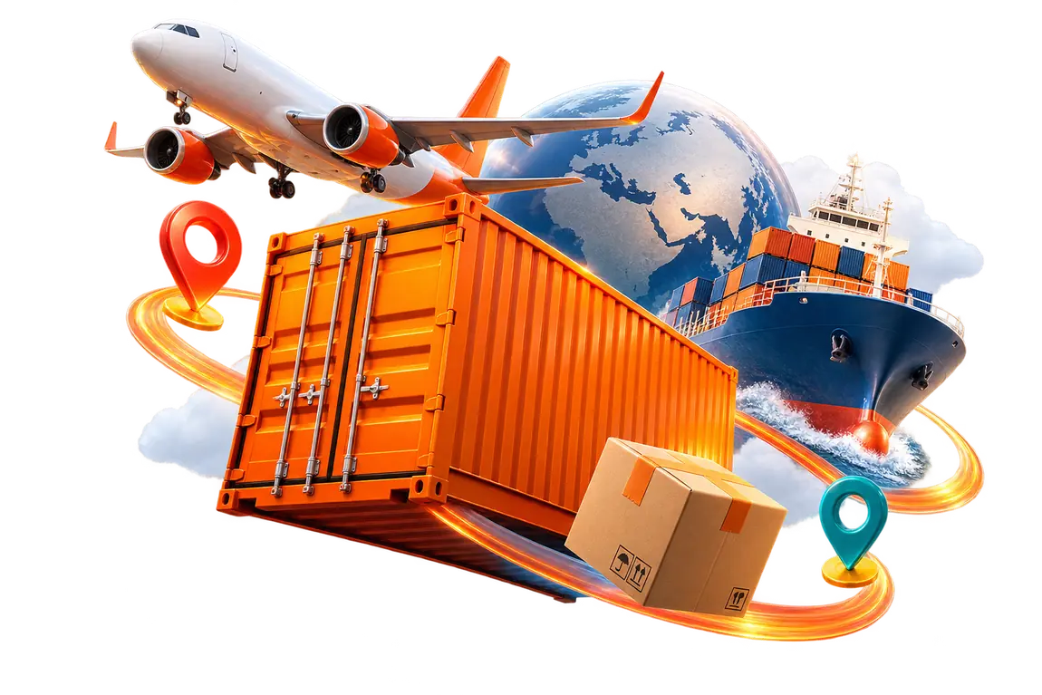 المان سه‌بعدی شفاف حمل هوایی و دریایی و کانتینر در مسیر واردات از چین