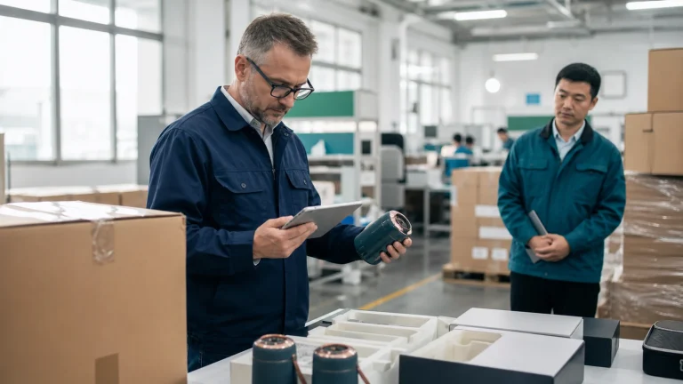 Independent inspector checking finished goods before shipment at a factory in China