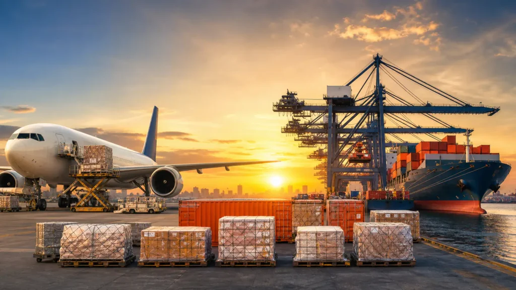 Air and sea freight comparison from China with cargo aircraft, container ship, containers and pallets