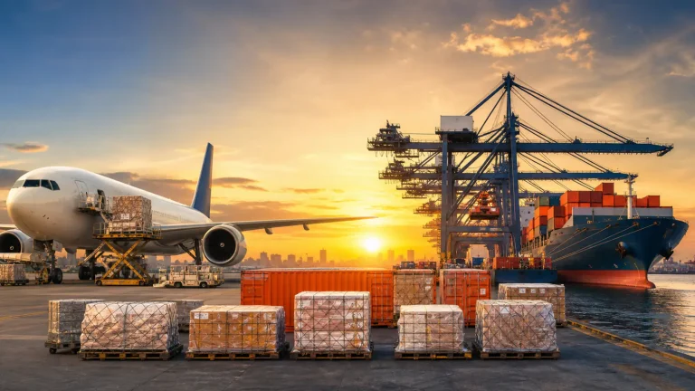 Air and sea freight comparison from China with cargo aircraft, container ship, containers and pallets