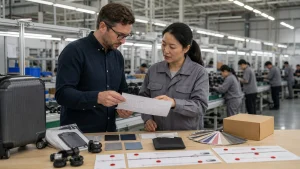 Buyer and production manager reviewing an order schedule beside a Chinese factory line