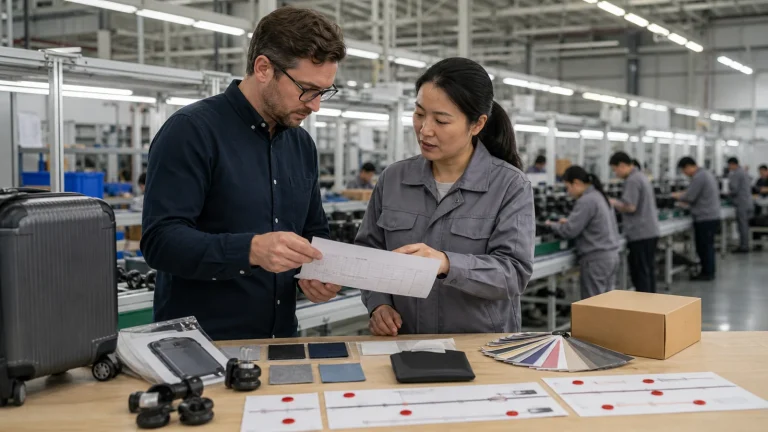 Buyer and production manager reviewing an order schedule beside a Chinese factory line