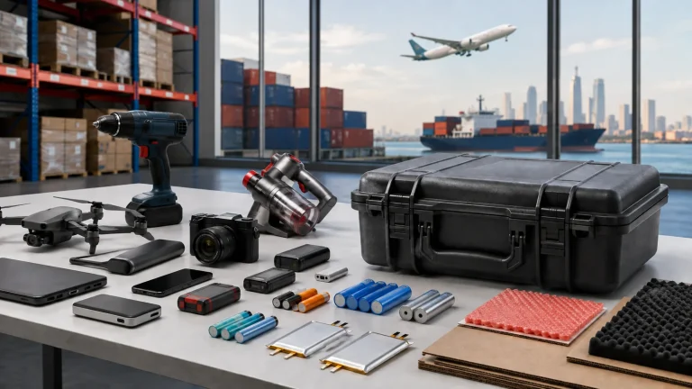 Editorial illustration of preparing battery goods for shipment from China