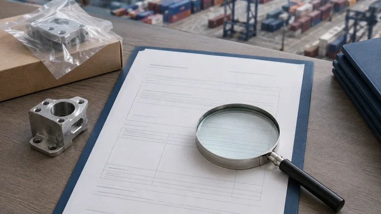 Origin-document review desk with a product sample and packaging